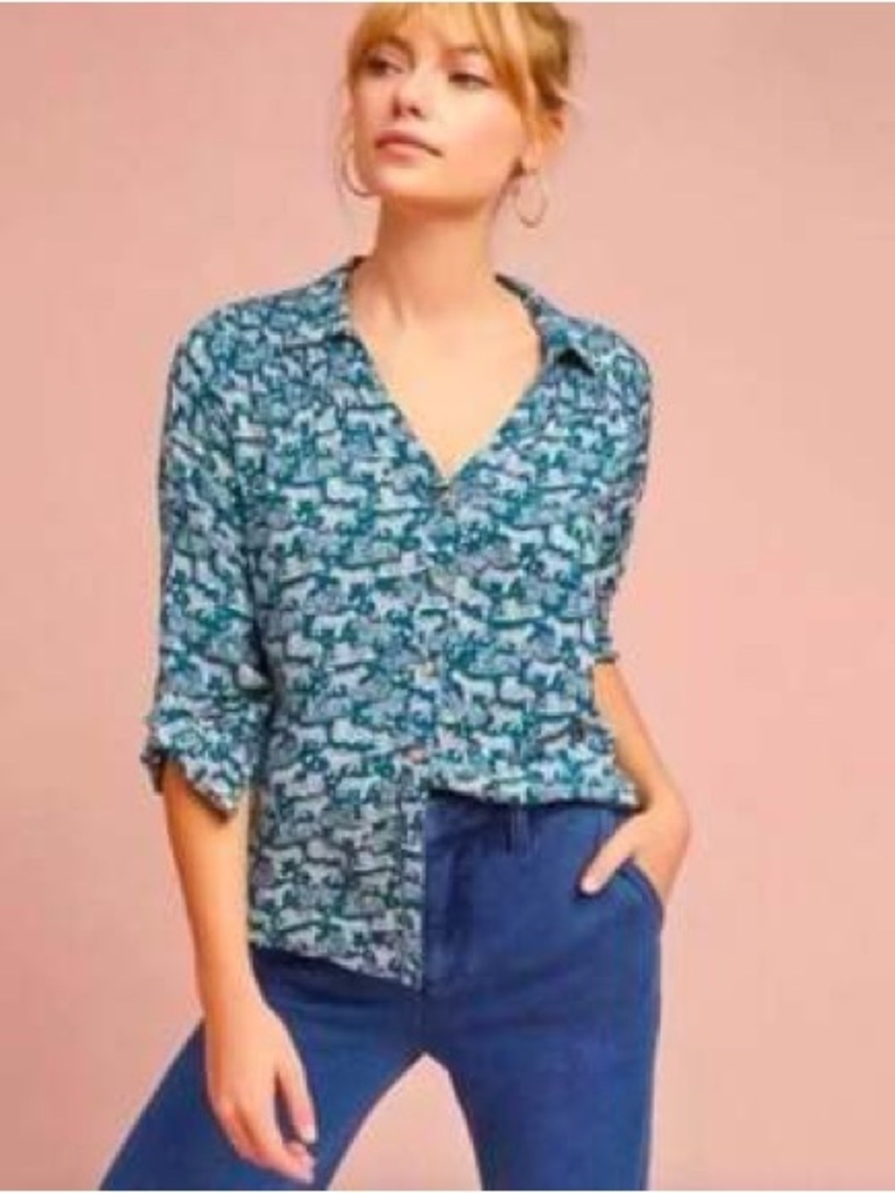 Maeve for Anthropologie Teal And White Tiger Print Emory Blouse Size 8